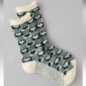 AE OS Cozy Ivory Mist Green Gingham Hearts Knit Ruffle Crew Socks